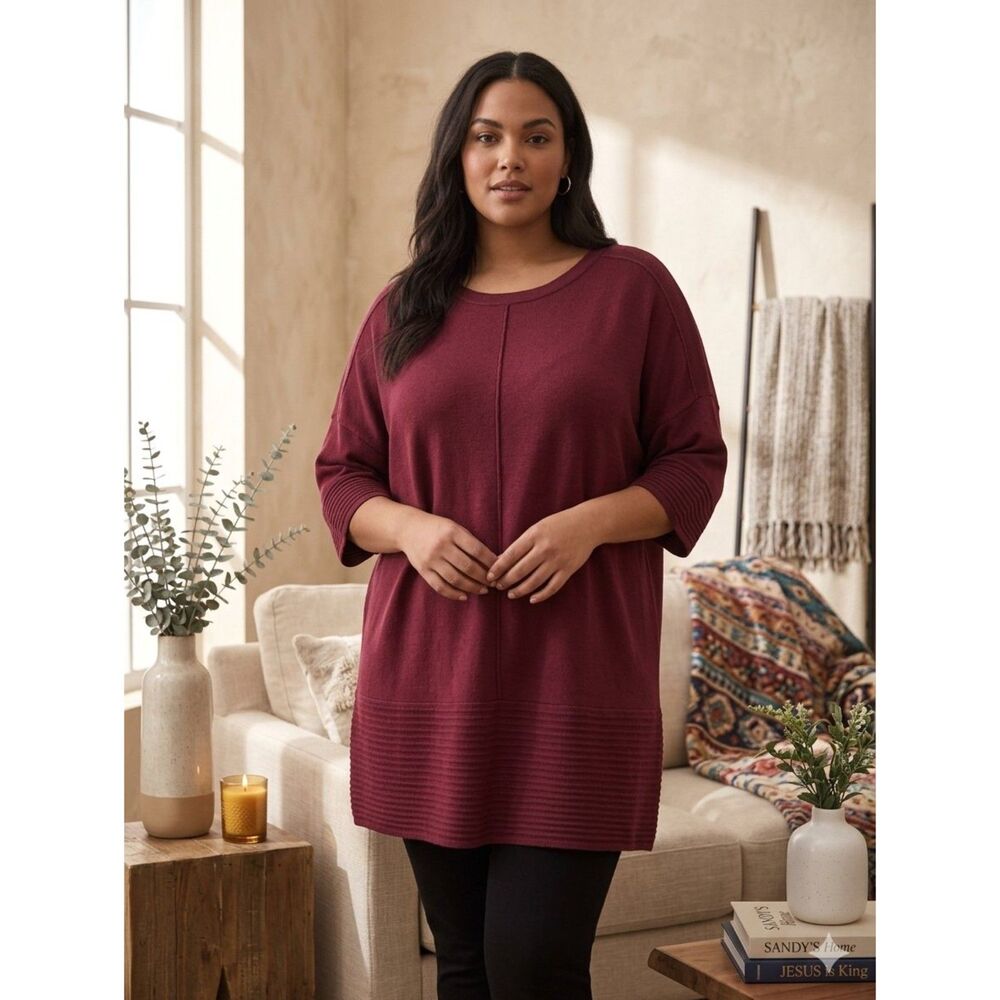 Cyrus Tunic Top Womens 2X Maroon Red Knit Pullover 1/2 Sleeve Minimalist